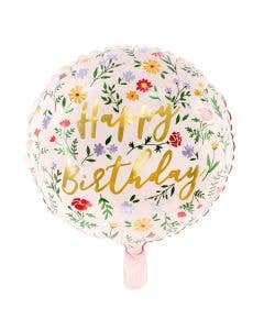 PartyDeco Folienballon Happy Birthday Blumenmuster, hellrosa
